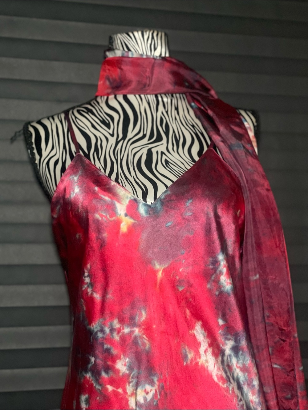 100% Silk La Soie Red Tie-Dye Slip Dress with Matching Scarf